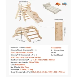 VEVOR Pikler Triangle Set, 9-in-1 Toddler Climbing Toys Indoor, with 2 Wooden Cars, Cushion, Triangle, Arch, and Ramp, 150 lbs Load, Foldable Montessori Climbing Set for Toddlers and Kids, Wood Color