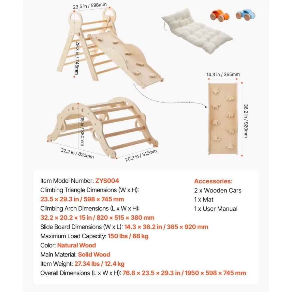 VEVOR Pikler Triangle Set, 9-in-1 Toddler Climbing Toys Indoor, with 2 Wooden Cars, Cushion, Triangle, Arch, and Ramp, 150 lbs Load, Foldable Montessori Climbing Set for Toddlers and Kids, Wood Color