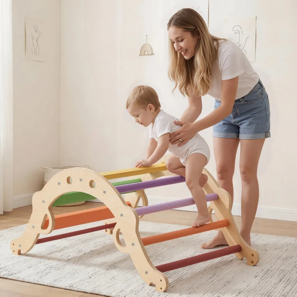 VEVOR Pikler Triangle Set, 9-in-1 Toddler Climbing Toys Indoor, with 2 Wooden Cars, Cushion, Triangle, Arch, and Ramp, 150 lbs Load, Foldable Montessori Climbing Set for Toddlers and Kids, Orange
