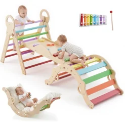VEVOR Pikler Triangle Set, 9-in-1 Toddler Climbing Toys Indoor, with 2 Wooden Cars, Cushion, Triangle, Arch, and Ramp, 150 lbs Load, Foldable Montessori Climbing Set for Toddlers and Kids, Orange