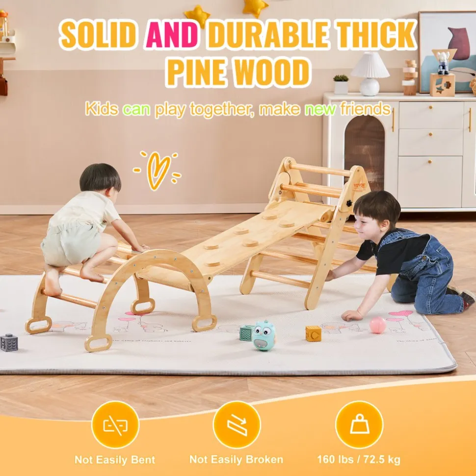 VEVOR Pikler Triangle Set, 9-in-1 Toddler Climbing Toys Indoor, with 2 Wooden Cars, Cushion, Triangle, Arch, and Ramp, 150 lbs Load, Foldable Montessori Climbing Set for Toddlers and Kids, Blue