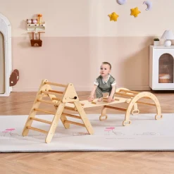 VEVOR Pikler Triangle Set, 5 in 1 Toddler Climbing Toys Indoor Playground, Ramp, and Arch, Montessori Climbing Set with Triangle, Medium Size Wooden Climbing Gym for Toddlers 1-3 Years, Wood Color