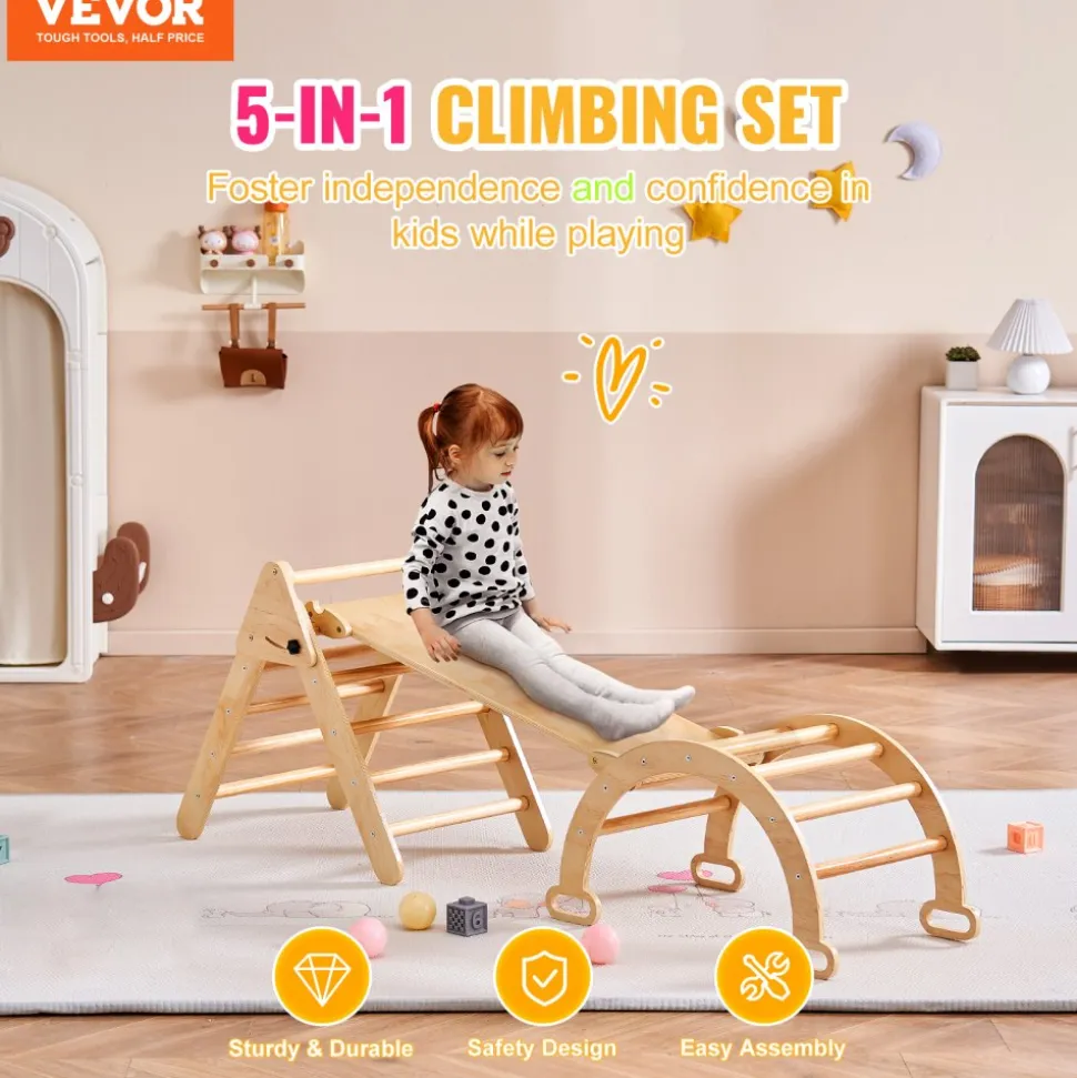 VEVOR Pikler Triangle Set, 9-in-1 Toddler Climbing Toys Indoor, with 2 Wooden Cars, Cushion, Triangle, Arch, and Ramp, 150 lbs Load, Foldable Montessori Climbing Set for Toddlers and Kids, Blue