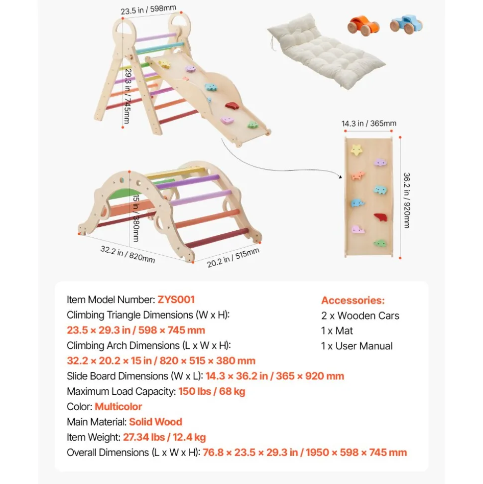 VEVOR Pikler Triangle Set, 9-in-1 Toddler Climbing Toys Indoor, with 2 Wooden Cars, Cushion, Triangle, Arch, and Ramp, 150 lbs Load, Foldable Montessori Climbing Set for Toddlers and Kids, Rainbow