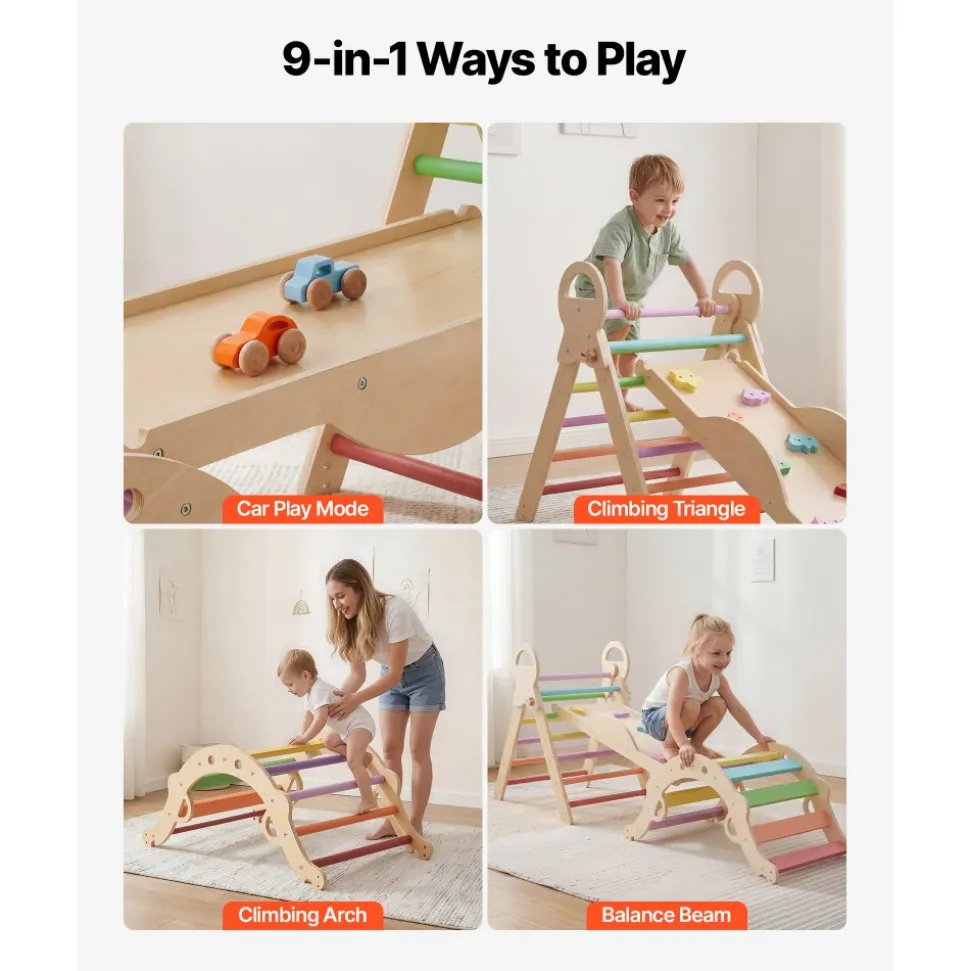 VEVOR Pikler Triangle Set, 9-in-1 Toddler Climbing Toys Indoor, with 2 Wooden Cars, Cushion, Triangle, Arch, and Ramp, 150 lbs Load, Foldable Montessori Climbing Set for Toddlers and Kids, Rainbow