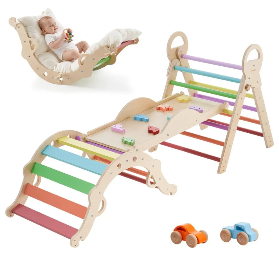 VEVOR Pikler Triangle Set, 9-in-1 Toddler Climbing Toys Indoor, with 2 Wooden Cars, Cushion, Triangle, Arch, and Ramp, 150 lbs Load, Foldable Montessori Climbing Set for Toddlers and Kids, Rainbow