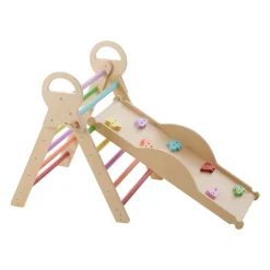 VEVOR Pikler Triangle Set, 9-in-1 Toddler Climbing Toys Indoor, with 2 Wooden Cars, Cushion, Triangle, Arch, and Ramp, 150 lbs Load, Foldable Montessori Climbing Set for Toddlers and Kids, Rainbow