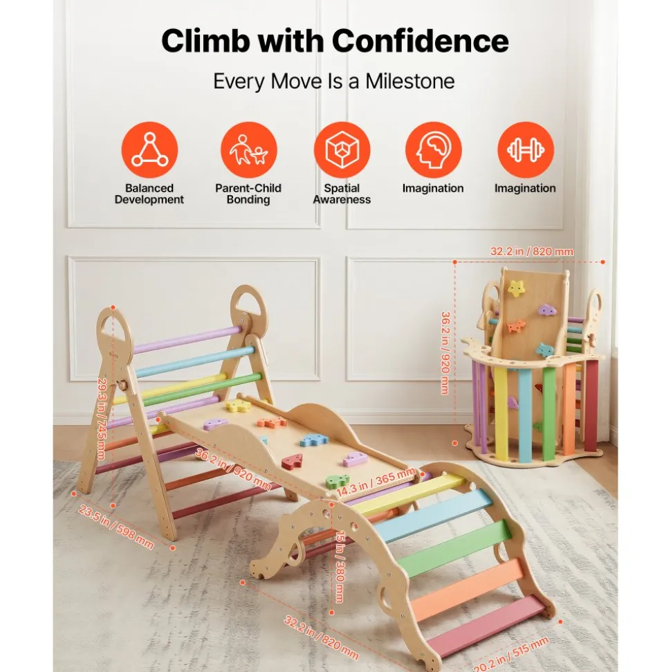 VEVOR Pikler Triangle Set, 9-in-1 Toddler Climbing Toys Indoor, with 2 Wooden Cars, Cushion, Triangle, Arch, and Ramp, 150 lbs Load, Foldable Montessori Climbing Set for Toddlers and Kids, Rainbow