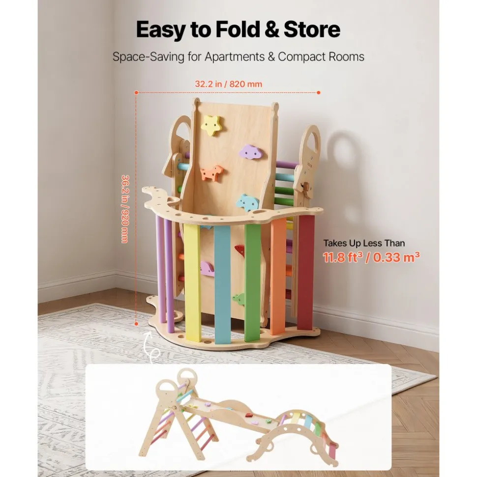 VEVOR Pikler Triangle Set, 9-in-1 Toddler Climbing Toys Indoor, with 2 Wooden Cars, Cushion, Triangle, Arch, and Ramp, 150 lbs Load, Foldable Montessori Climbing Set for Toddlers and Kids, Rainbow