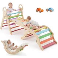 VEVOR Pikler Triangle Set, 9-in-1 Toddler Climbing Toys Indoor, with 2 Wooden Cars, Cushion, Triangle, Arch, and Ramp, 150 lbs Load, Foldable Montessori Climbing Set for Toddlers and Kids, Rainbow