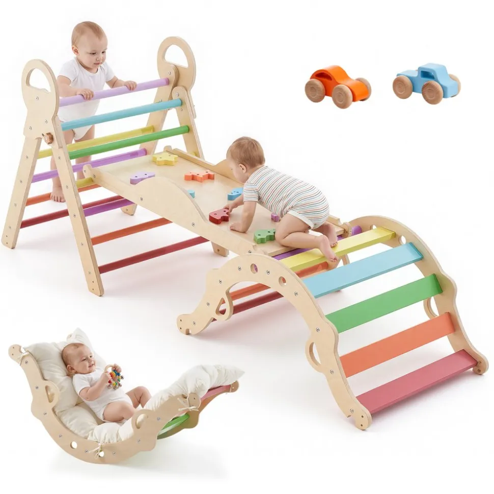 VEVOR Pikler Triangle Set, 9-in-1 Toddler Climbing Toys Indoor, with 2 Wooden Cars, Cushion, Triangle, Arch, and Ramp, 150 lbs Load, Foldable Montessori Climbing Set for Toddlers and Kids, Rainbow
