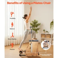 VEVOR Pilates Chair, Split-Pedal Stability Combo Chairs with Handles, Rubber Wood Frame Yoga Fitness Trainer, Exercise Reformer, Pilates Resistance-Workout Equipment, for Home Gym Studio Workout