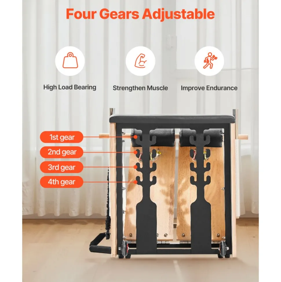 VEVOR Pilates Chair, Split-Pedal Stability Combo Chairs with Handles, Rubber Wood Frame Yoga Fitness Trainer, Exercise Reformer, Pilates Resistance-Workout Equipment, for Home Gym Studio Workout