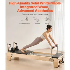 VEVOR Pilates Reformer Machine, Wooden Pilates Workout Equipment for Home Gym Studio Use, Pilates Bed with Dual Resistance- Spring & Cord, Reformer Set with Sitting Box, Up to 400 LBS