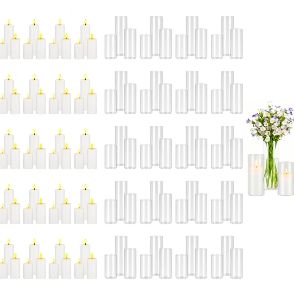 VEVOR Pillar Candles and Glass Vases Set 120 Pcs, Clear Cylinder Hurricane Candle Holders for Wedding Centerpieces, Tall Vase for Table Decor, Wedding Party,Thanksgiving,White (2.56" x 4.7",5.9",7.9")