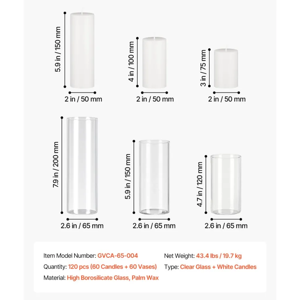 VEVOR Pillar Candles and Glass Vases Set 120 Pcs, Clear Cylinder Hurricane Candle Holders for Wedding Centerpieces, Tall Vase for Table Decor, Wedding Party,Thanksgiving,White (2.56" x 4.7",5.9",7.9")