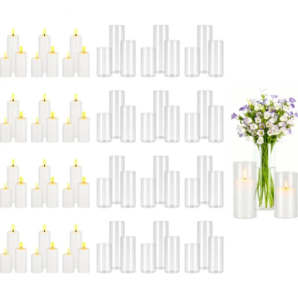 VEVOR Pillar Candles and Glass Vases Set 36 Pcs, Clear Cylinder Hurricane Candle Holders for Wedding Centerpieces, Tall Vase for Table Decor, Wedding Party, Thanksgiving, White (3.4" x 4.7",7.1",9.8")
