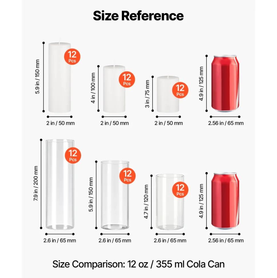 VEVOR Pillar Candles and Glass Vases Set 36 Pcs, Clear Cylinder Hurricane Candle Holders for Wedding Centerpieces, Tall Vase for Table Decor, Wedding Party, Thanksgiving, White (3.4" x 4.7",7.1",9.8")