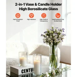 VEVOR Pillar Candles and Glass Vases Set 36 Pcs, Clear Cylinder Hurricane Candle Holders for Wedding Centerpieces, Tall Vase for Table Decor, Wedding Party, Thanksgiving, White (3.4