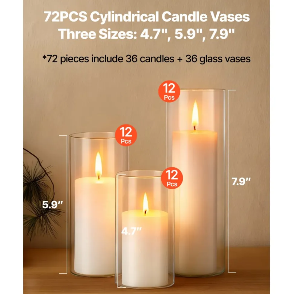 VEVOR Pillar Candles and Glass Vases Set 36 Pcs, Clear Cylinder Hurricane Candle Holders for Wedding Centerpieces, Tall Vase for Table Decor, Wedding Party, Thanksgiving, White (3.4" x 4.7",7.1",9.8")