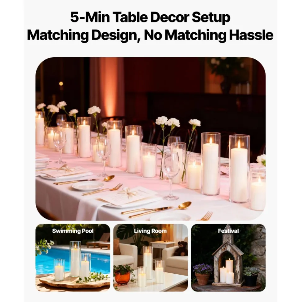 VEVOR Pillar Candles and Glass Vases Set 36 Pcs, Clear Cylinder Hurricane Candle Holders for Wedding Centerpieces, Tall Vase for Table Decor, Wedding Party, Thanksgiving, White (3.4" x 4.7",7.1",9.8")