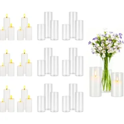 VEVOR Pillar Candles and Glass Vases Set 24 Pcs, Clear Cylinder Hurricane Candle Holders for Wedding Centerpieces, Tall Vase for Table Decor, Wedding Party, Thanksgiving,White (2.56