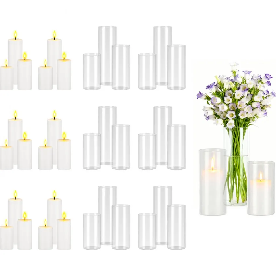 VEVOR Pillar Candles and Glass Vases Set 24 Pcs, Clear Cylinder Hurricane Candle Holders for Wedding Centerpieces, Tall Vase for Table Decor, Wedding Party, Thanksgiving,White (2.56" x 4.7",5.9",7.9")