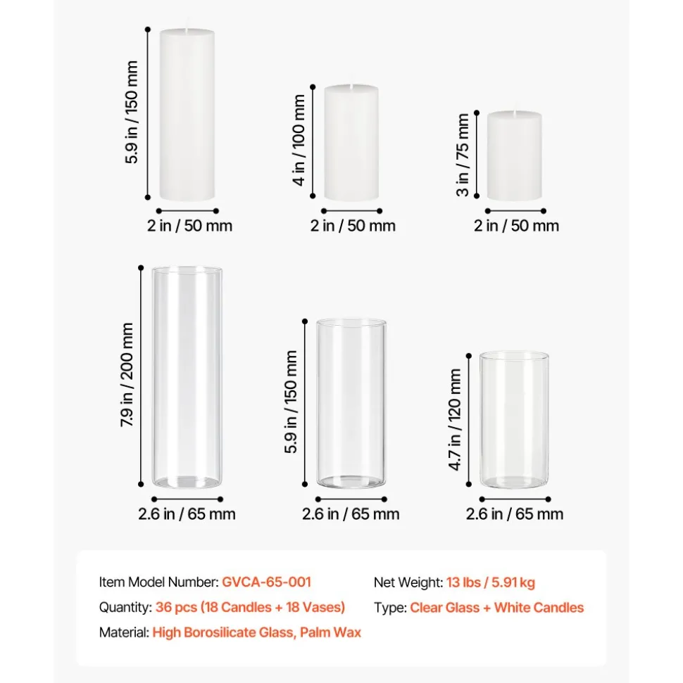 VEVOR Pillar Candles and Glass Vases Set 24 Pcs, Clear Cylinder Hurricane Candle Holders for Wedding Centerpieces, Tall Vase for Table Decor, Wedding Party, Thanksgiving,White (2.56" x 4.7",5.9",7.9")