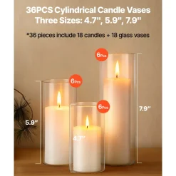 VEVOR Pillar Candles and Glass Vases Set 24 Pcs, Clear Cylinder Hurricane Candle Holders for Wedding Centerpieces, Tall Vase for Table Decor, Wedding Party, Thanksgiving,White (2.56