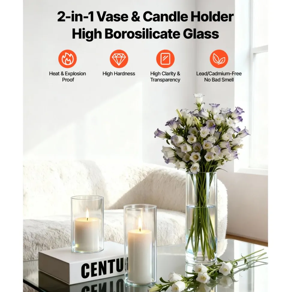 VEVOR Pillar Candles and Glass Vases Set 24 Pcs, Clear Cylinder Hurricane Candle Holders for Wedding Centerpieces, Tall Vase for Table Decor, Wedding Party, Thanksgiving,White (2.56" x 4.7",5.9",7.9")