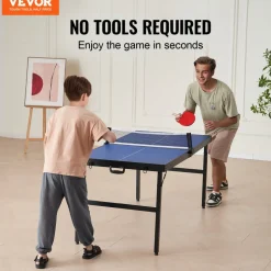 VEVOR Ping Pong Table, Mid-Size Table Tennis Game, Indoor MDF Table Tennis Table, Foldable Portable Complete Ping Pong Table Set with Net, 2 Paddles, 3 Balls, Carry Bag, Handle (No Assembly Required)