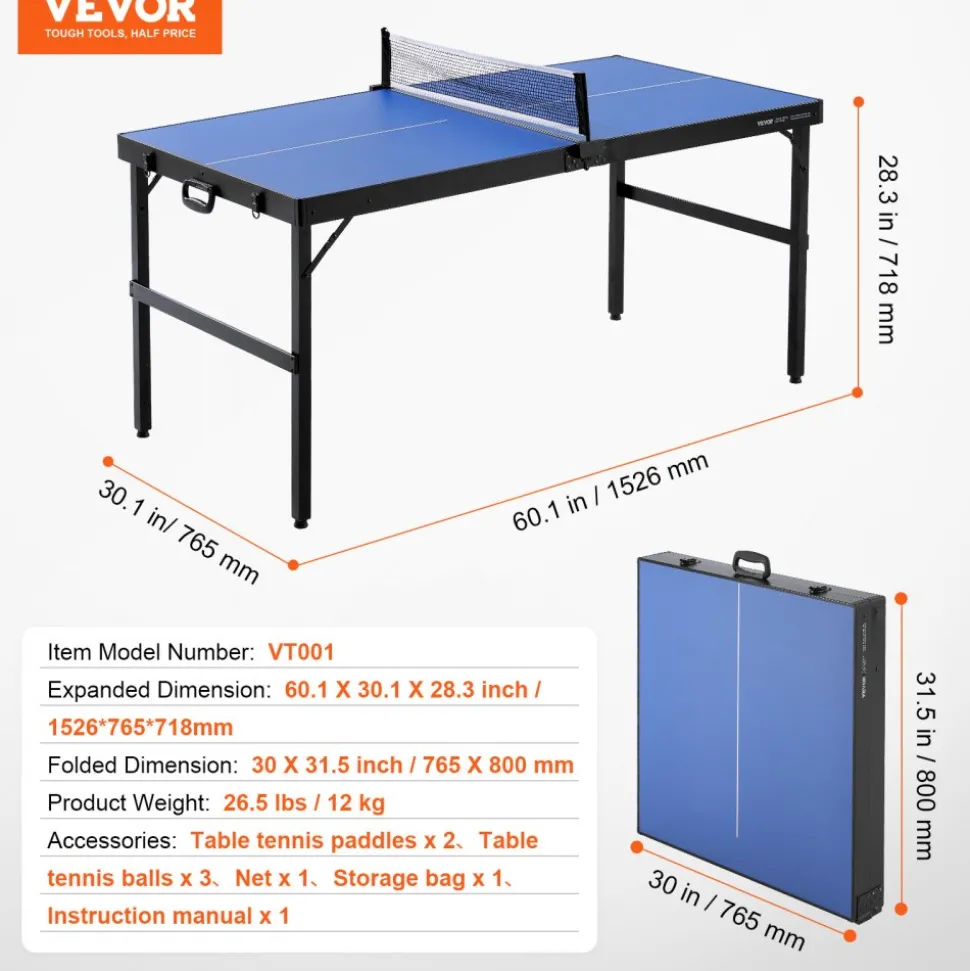 VEVOR Ping Pong Table, Mid-Size Table Tennis Game, Indoor MDF Table Tennis Table, Foldable Portable Complete Ping Pong Table Set with Net, 2 Paddles, 3 Balls, Carry Bag, Handle (No Assembly Required)