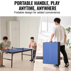 VEVOR Ping Pong Table, Mid-Size Table Tennis Game, Indoor MDF Table Tennis Table, Foldable Portable Complete Ping Pong Table Set with Net, 2 Paddles, 3 Balls, Carry Bag, Handle (No Assembly Required)