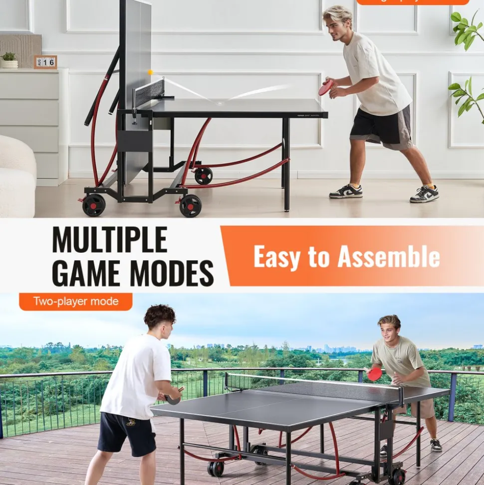 VEVOR Ping Pong Table, Professional Table Tennis Game, Indoor/Outdoor All Weather Aluminum Table Tennis Table, Portable Foldable Table with Quick Clamp Net & Large Lockable Wheels, 10 Minute Assembly