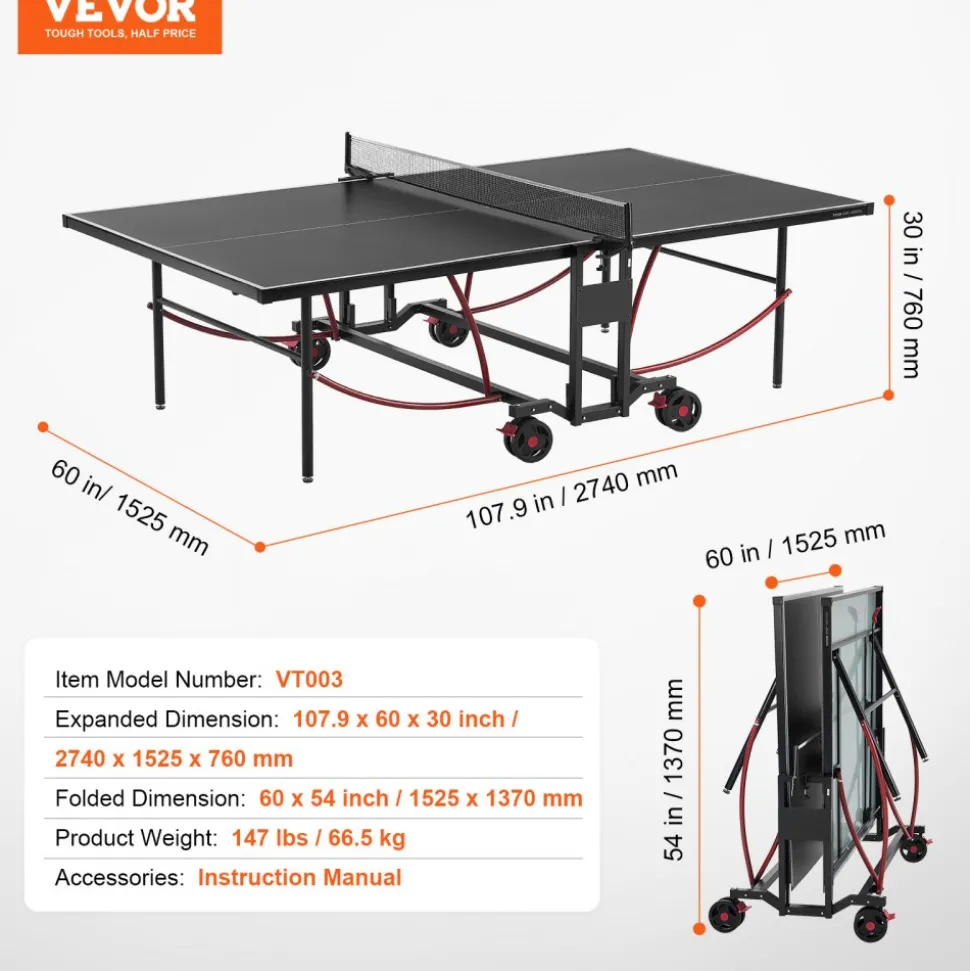 VEVOR Ping Pong Table, Professional Table Tennis Game, Indoor/Outdoor All Weather Aluminum Table Tennis Table, Portable Foldable Table with Quick Clamp Net & Large Lockable Wheels, 10 Minute Assembly