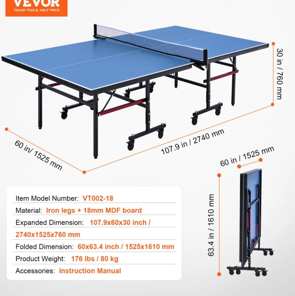 VEVOR Ping Pong Table, Professional Table Tennis Game, Indoor MDF Portable Table Tennis Table, Foldable Ping Pong Table with Quick Clamp Net and Lockable Wheel, 10 Minute Easy Assembly, 18mm Tabletops