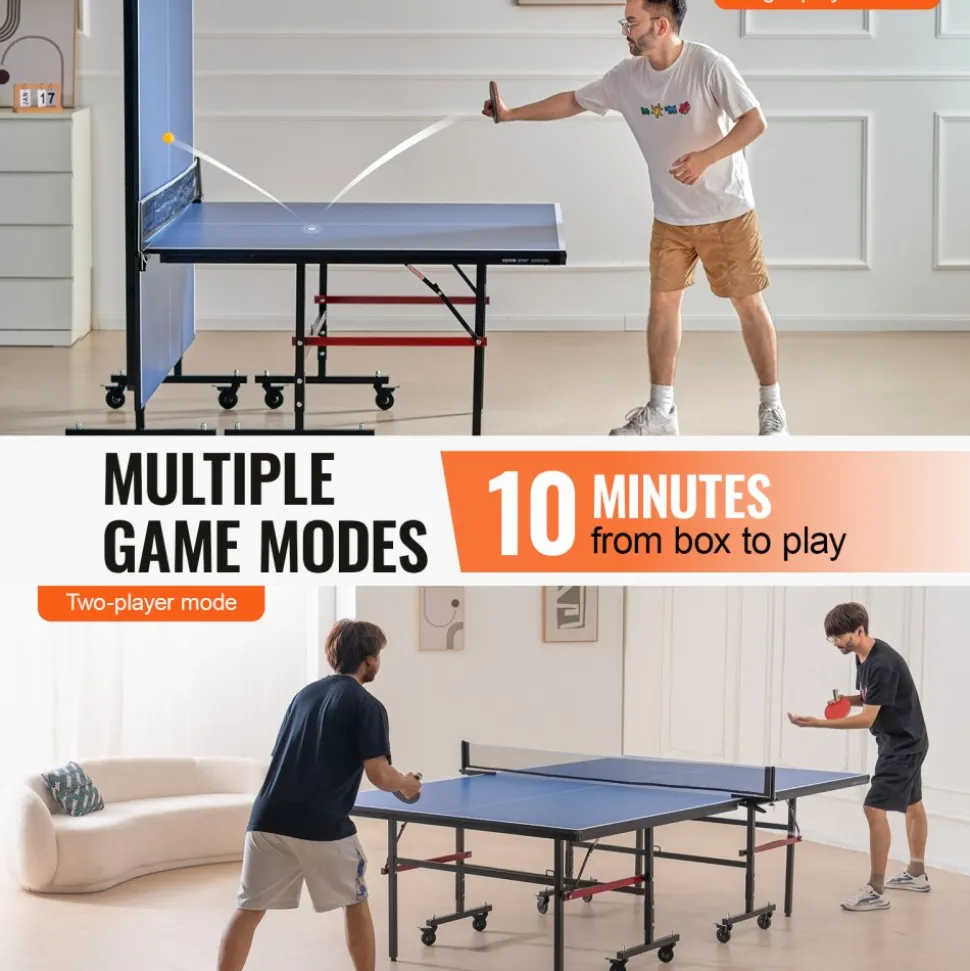 VEVOR Ping Pong Table, Professional Table Tennis Game, Indoor MDF Portable Table Tennis Table, Foldable Ping Pong Table with Quick Clamp Net and Lockable Wheel, 10 Minute Easy Assembly, 18mm Tabletops