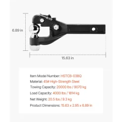 VEVOR Pintle Hook, 20000 lbs, Pintle Hook Hitch for 2-inch Hitch Hook Military Receiver, Combination 2-5/16-inch Hitch Ball, Fits 2.5 to 3-inch Lunette Ring, 15.6-inch Length, Black Powder Coat