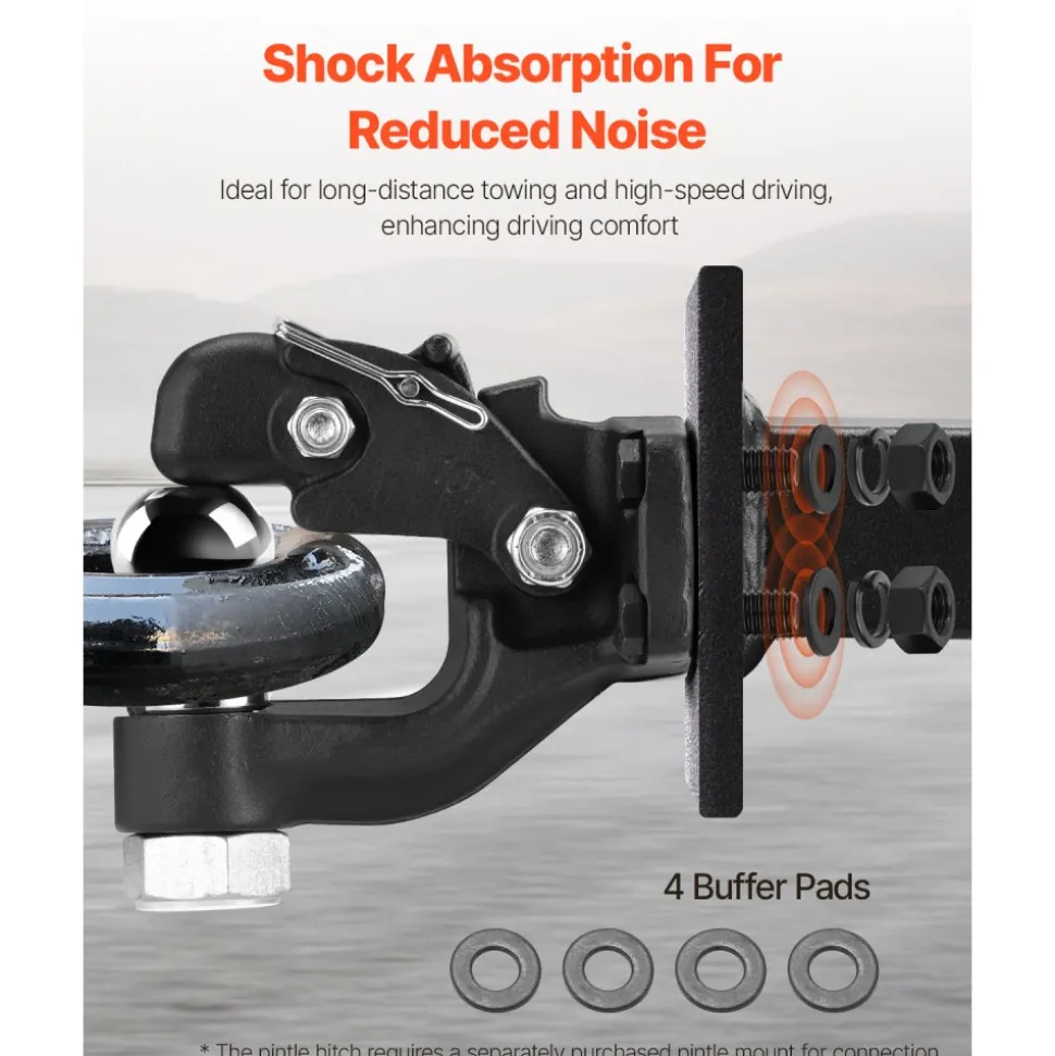VEVOR Pintle Hook, 20000 lbs Towing Capacity, Trailer Hitches Receiver Hook Combination 2-inch Hitch Ball, Fits for 2.5 to 3-inch Lunette Ring with Mounting Kit, Wear-resistant, Black Powder Coat