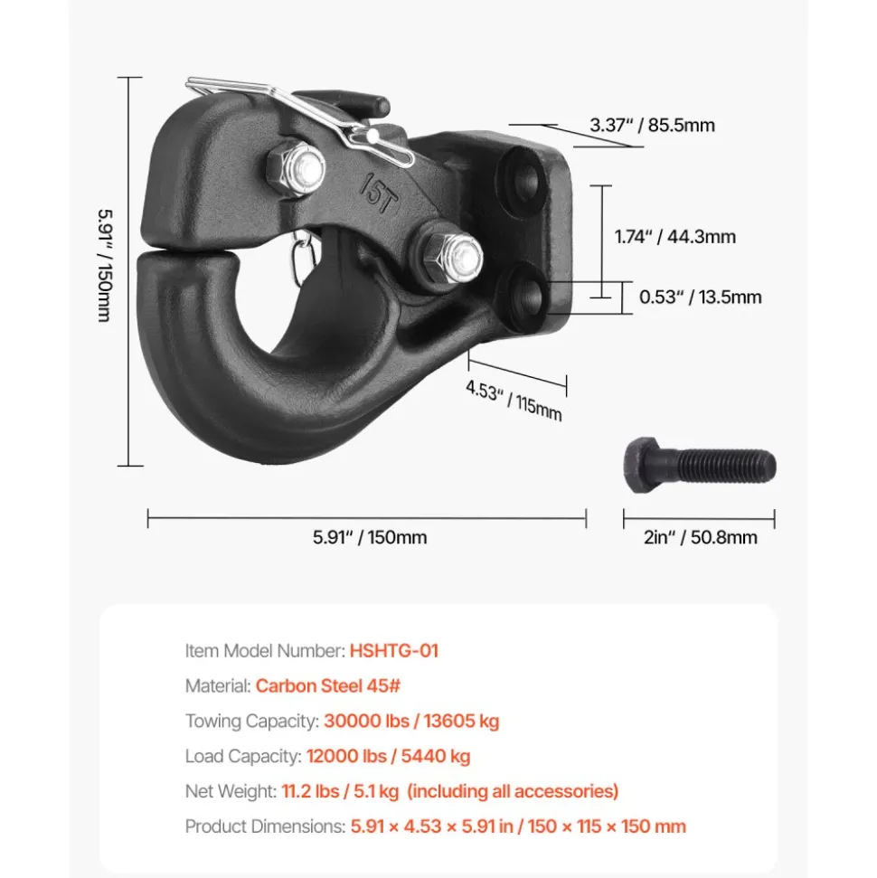 VEVOR Pintle Hook, 30000 lbs Towing Capacity, Trailer Hitches Receiver Hook Fits for 2.5 to 3-inch Lunette Ring with Mounting Kit, Wear-resistant, Black Powder Coat, Suitable for Various Vehicles