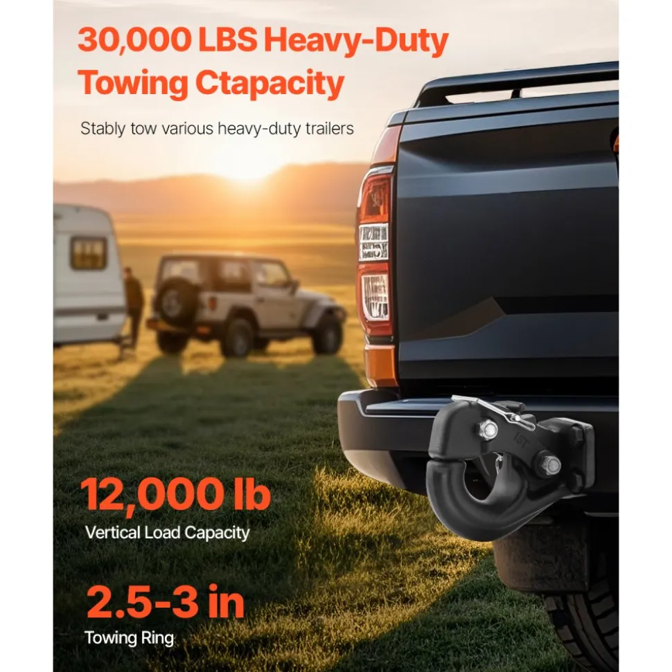 VEVOR Pintle Hook, 30000 lbs Towing Capacity, Trailer Hitches Receiver Hook Fits for 2.5 to 3-inch Lunette Ring with Mounting Kit, Wear-resistant, Black Powder Coat, Suitable for Various Vehicles