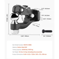 VEVOR Pintle Hook, 20000 lbs Towing Capacity, Trailer Hitches Receiver Hook Combination 2-5/16-inch Hitch Ball, Fits 2.5 to 3-inch Lunette Ring with Mounting Kit, Wear-resistant, Black Powder Coat