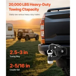 VEVOR Pintle Hook, 20000 lbs Towing Capacity, Trailer Hitches Receiver Hook Combination 2-5/16-inch Hitch Ball, Fits 2.5 to 3-inch Lunette Ring with Mounting Kit, Wear-resistant, Black Powder Coat