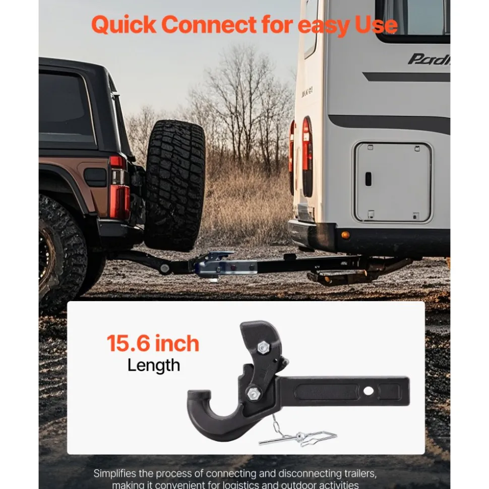 VEVOR Pintle Hook, 20000 lbs Towing Capacity, Pintle Hitch Receiver for 2-inch Hitch Hook Military Receiver, Fits 2.5 to 3-inch Lunette Ring, 15.6-inch Length, Black Powder Coat, for Various Trailers