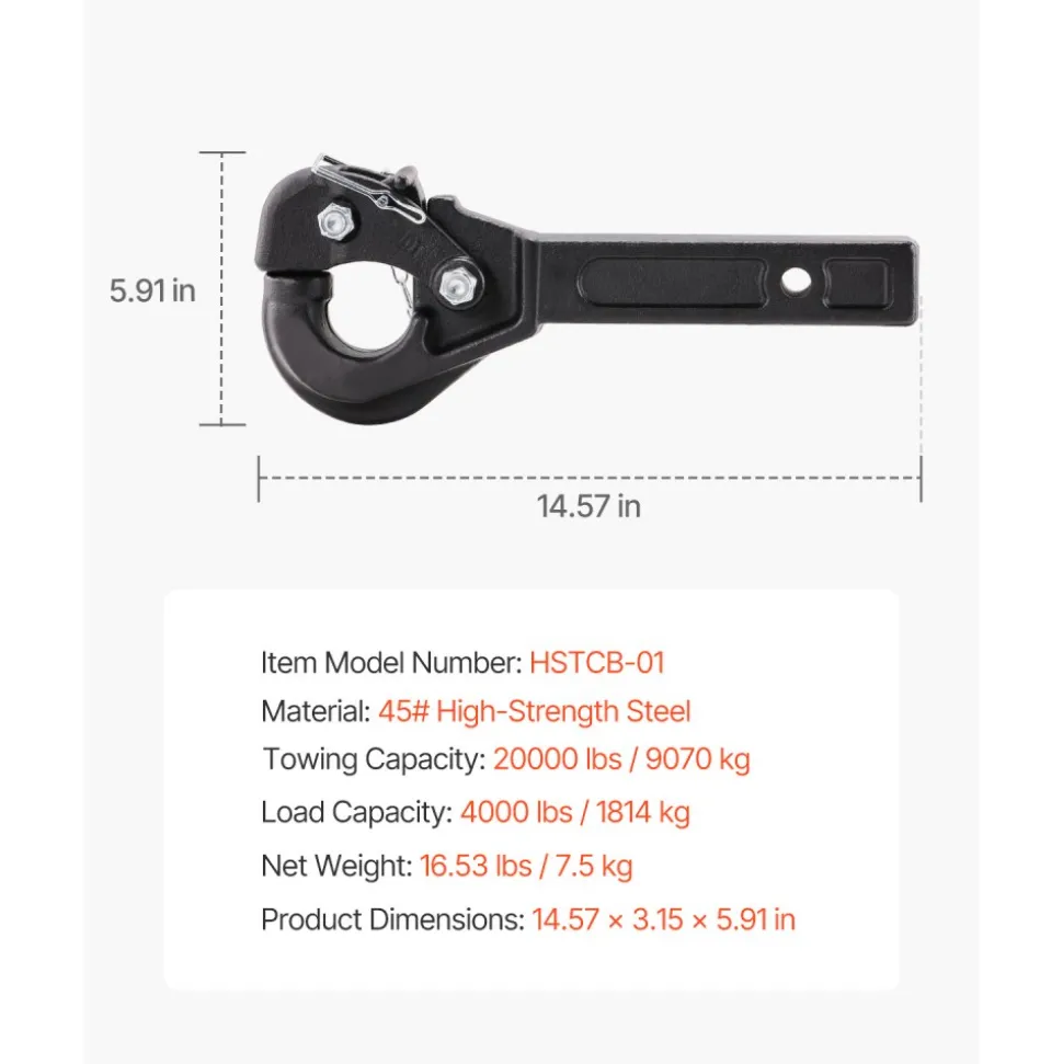 VEVOR Pintle Hook, 20000 lbs Towing Capacity, Pintle Hitch Receiver for 2-inch Hitch Hook Military Receiver, Fits 2.5 to 3-inch Lunette Ring, 15.6-inch Length, Black Powder Coat, for Various Trailers