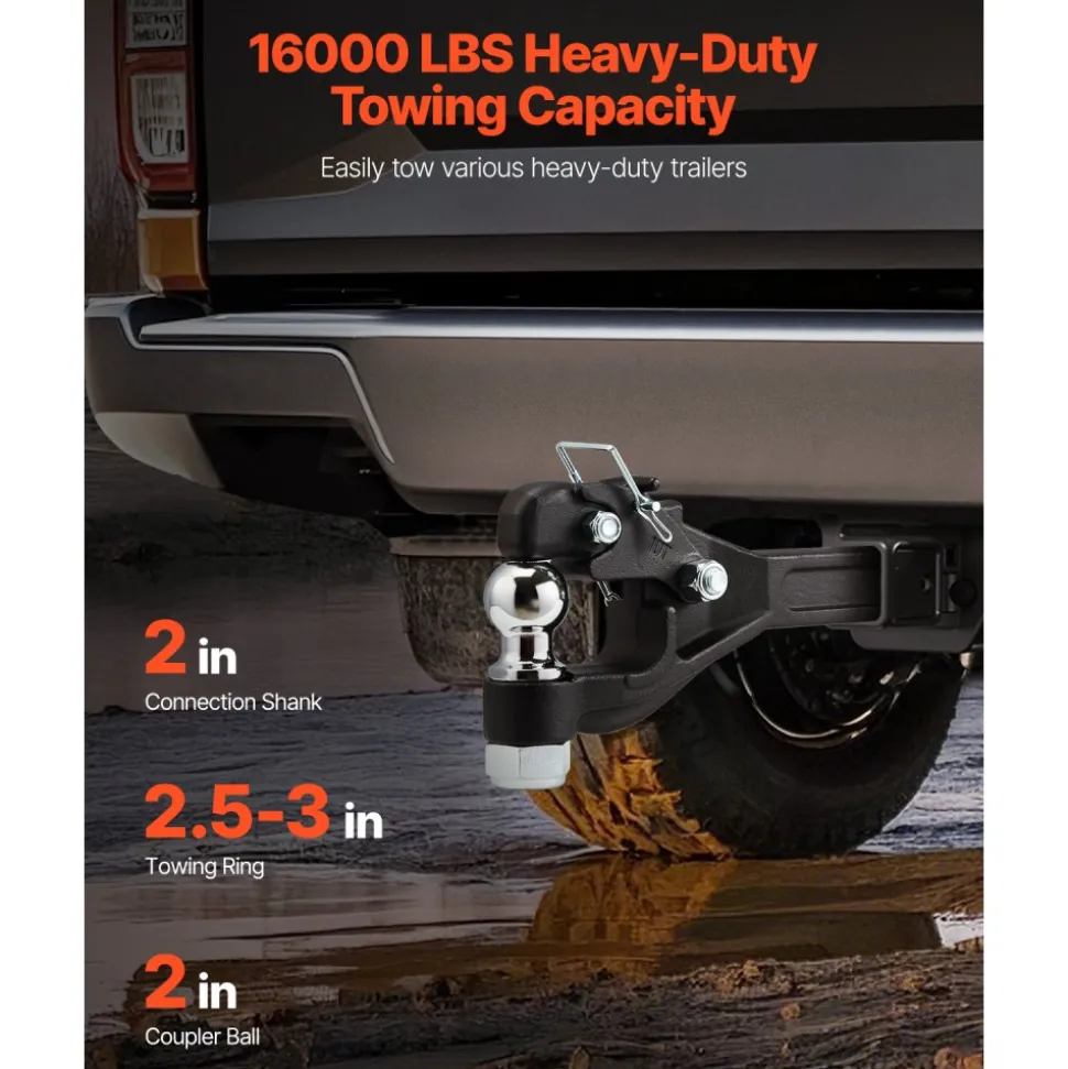 VEVOR Pintle Hook, 16000 lbs Towing Capacity, Pintle Hook Hitch for 2-inch Hitch Hook Military Receiver, Combination 2-inch Hitch Ball, Fits 2.5 to 3-inch Lunette Ring, Black Powder Coat, for Trailers