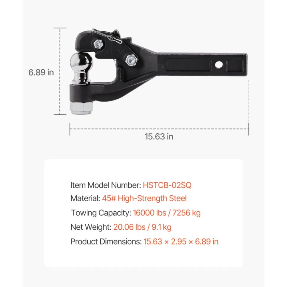 VEVOR Pintle Hook, 16000 lbs Towing Capacity, Pintle Hook Hitch for 2-inch Hitch Hook Military Receiver, Combination 2-inch Hitch Ball, Fits 2.5 to 3-inch Lunette Ring, Black Powder Coat, for Trailers