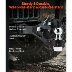 VEVOR Pintle Hook, 16000 lbs Towing Capacity, Pintle Hook Hitch for 2-inch Hitch Hook Military Receiver, Combination 2-inch Hitch Ball, Fits 2.5 to 3-inch Lunette Ring, Black Powder Coat, for Trailers