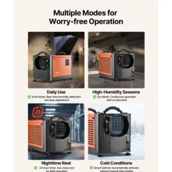 VEVOR 125 Pints Commercial Dehumidifier with Drain Hose, Portable Crawl Space Dehumidifiers for Basement Storage Room Industrial Grade, Auto Defrost/Drainage, Heavy-duty Galvanized Steel, LED Indicate