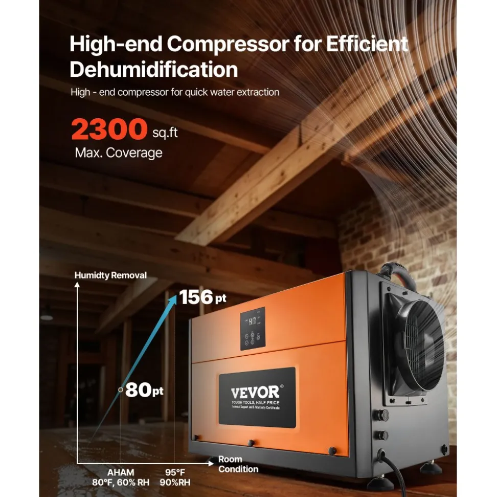 VEVOR 180 Pints Commercial Dehumidifier with Pump/Drain Hoses, Portable Crawl Space Dehumidifiers for Basement Storage Room Industrial Grade, Auto Defrost, Heavy-duty LLDPE,Foldable Handle